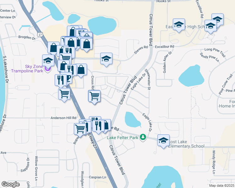 map of restaurants, bars, coffee shops, grocery stores, and more near 2550 Citrus Tower Boulevard in Clermont