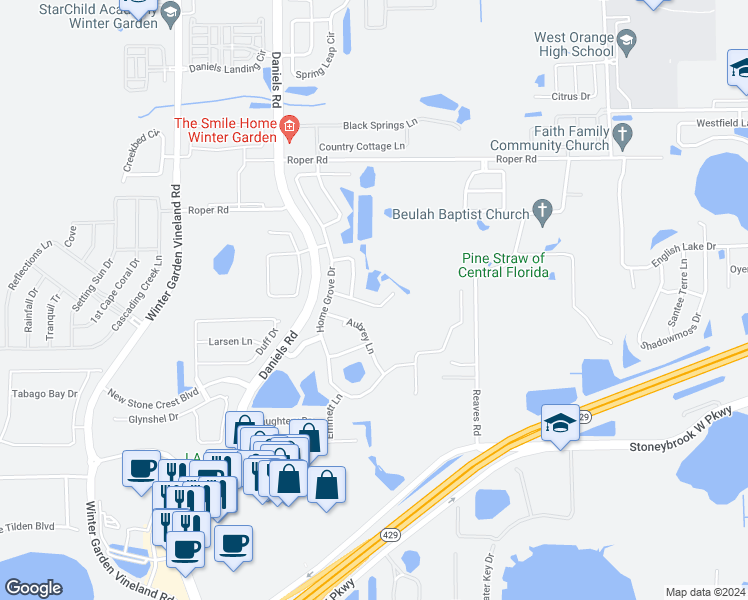 map of restaurants, bars, coffee shops, grocery stores, and more near 13127 Social Lane in Winter Garden