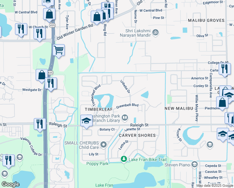 map of restaurants, bars, coffee shops, grocery stores, and more near 5181 Vista Lago Drive in Orlando