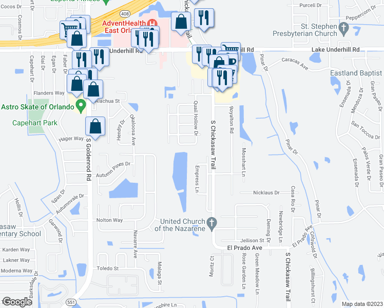 map of restaurants, bars, coffee shops, grocery stores, and more near 900 South Chickasaw Trail in Orlando