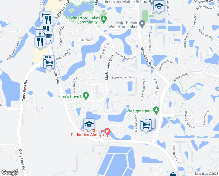 map of restaurants, bars, coffee shops, grocery stores, and more near 12966 Forestedge Circle in Orlando