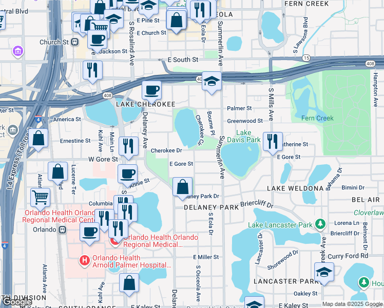 map of restaurants, bars, coffee shops, grocery stores, and more near 500 Cherokee Drive in Orlando