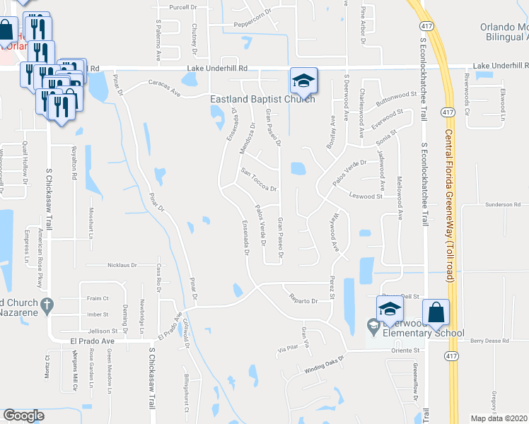 map of restaurants, bars, coffee shops, grocery stores, and more near 8668 San Marlo Way in Orlando
