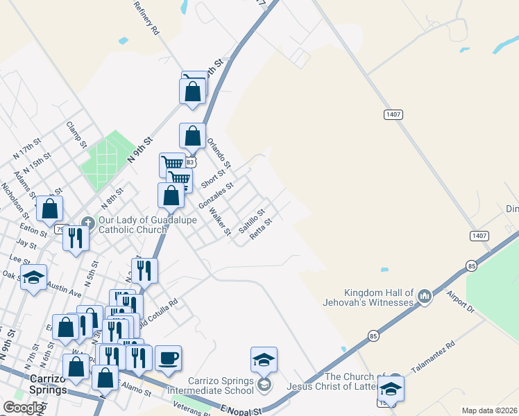 map of restaurants, bars, coffee shops, grocery stores, and more near 302 Saltillo Street in Carrizo Springs