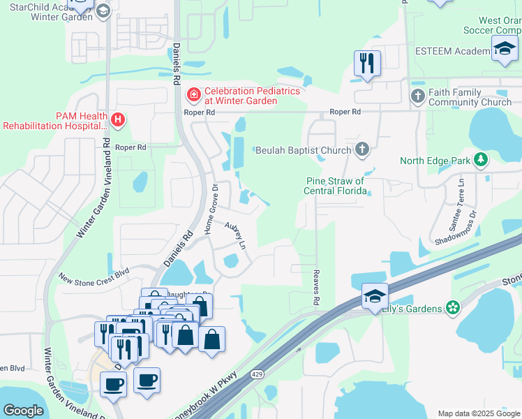 map of restaurants, bars, coffee shops, grocery stores, and more near 13054 Social Lane in Winter Garden