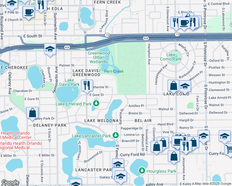 map of restaurants, bars, coffee shops, grocery stores, and more near 1509 East Gore Street in Orlando