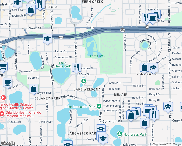 map of restaurants, bars, coffee shops, grocery stores, and more near 1419 East Gore Street in Orlando