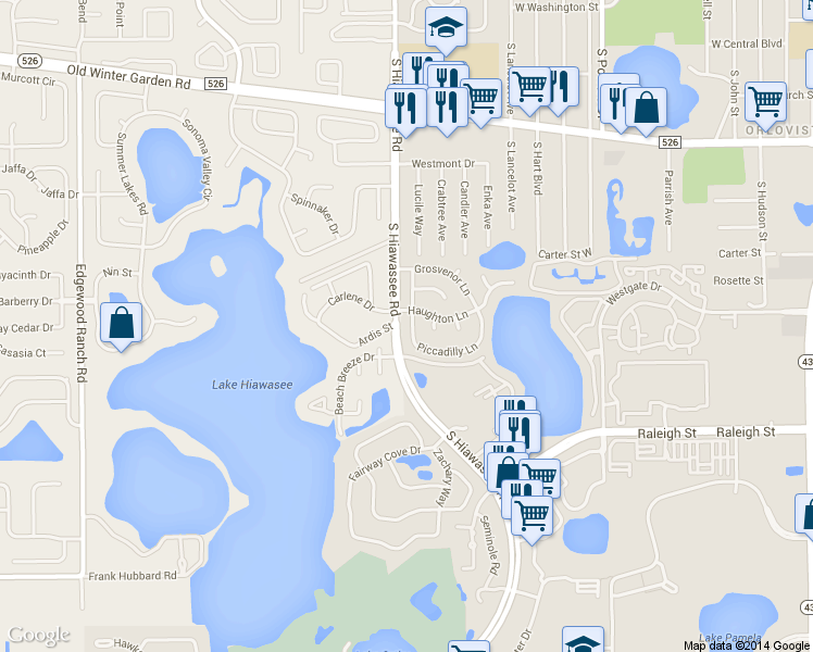 map of restaurants, bars, coffee shops, grocery stores, and more near 6620 Piccadilly Lane in Orlando
