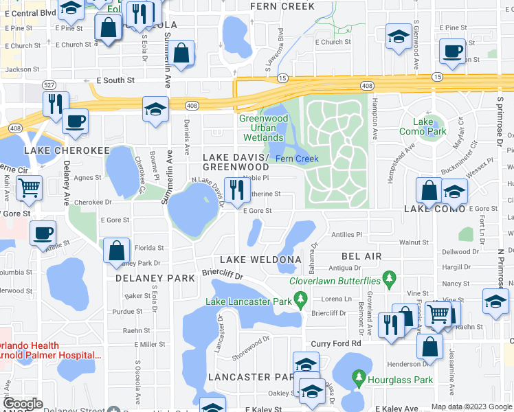 map of restaurants, bars, coffee shops, grocery stores, and more near 1303 East Gore Street in Orlando