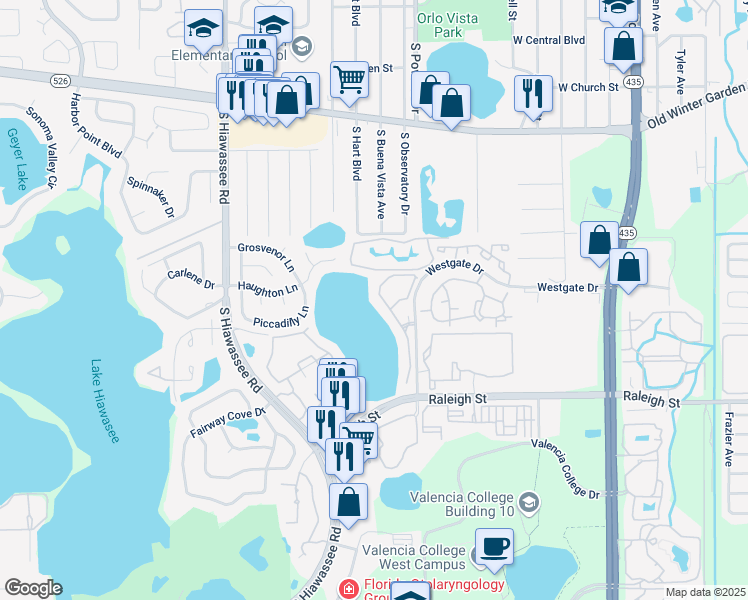 map of restaurants, bars, coffee shops, grocery stores, and more near 6225 Westgate Drive in Orlando