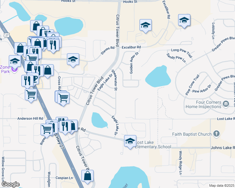 map of restaurants, bars, coffee shops, grocery stores, and more near 2745 Shearwater Street in Clermont