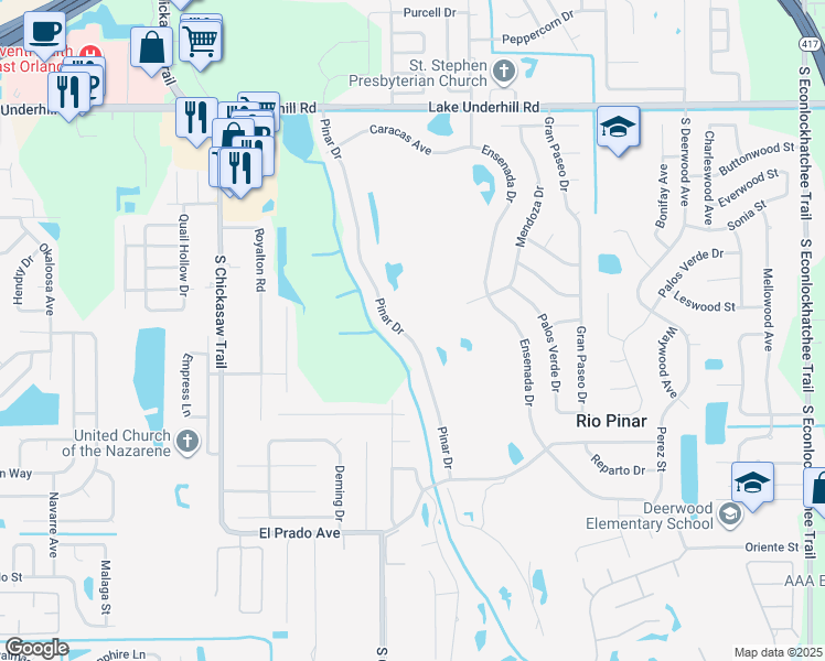 map of restaurants, bars, coffee shops, grocery stores, and more near 1100 Pinar Drive in Orlando