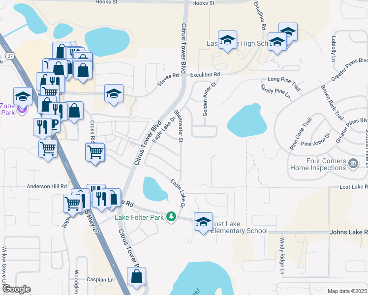 map of restaurants, bars, coffee shops, grocery stores, and more near 2745 Shearwater Street in Clermont