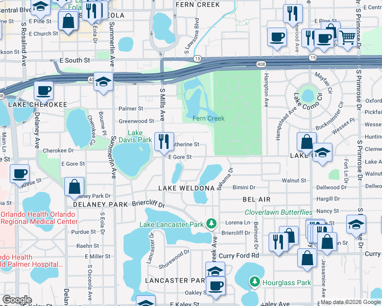 map of restaurants, bars, coffee shops, grocery stores, and more near 1419 East Gore Street in Orlando