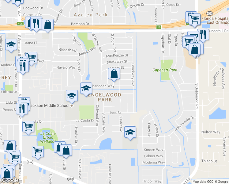 map of restaurants, bars, coffee shops, grocery stores, and more near 6373 Kearce Street in Orlando