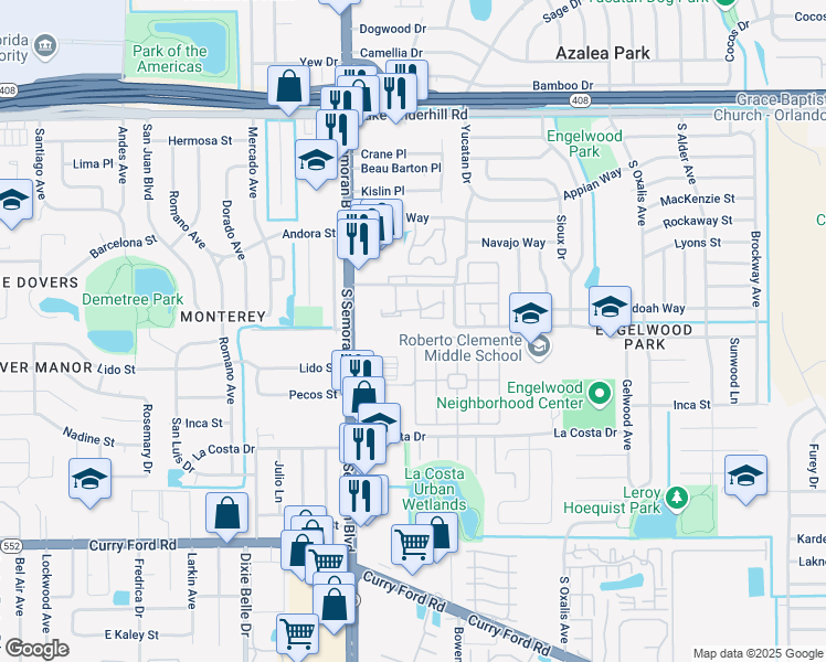 map of restaurants, bars, coffee shops, grocery stores, and more near 5819 Talavera Street in Orlando