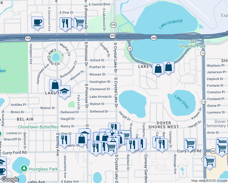 map of restaurants, bars, coffee shops, grocery stores, and more near 901 South Crystal Lake Drive in Orlando