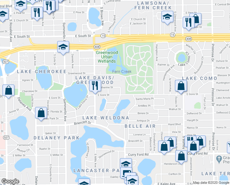 map of restaurants, bars, coffee shops, grocery stores, and more near 1419 East Gore Street in Orlando