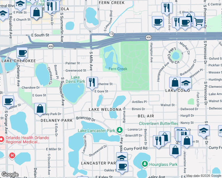 map of restaurants, bars, coffee shops, grocery stores, and more near 1419 East Gore Street in Orlando