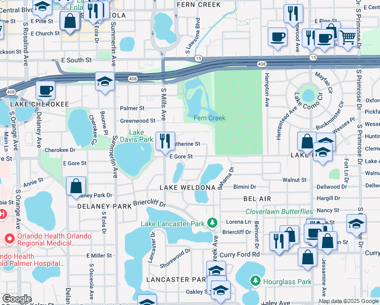 map of restaurants, bars, coffee shops, grocery stores, and more near 1419 East Gore Street in Orlando