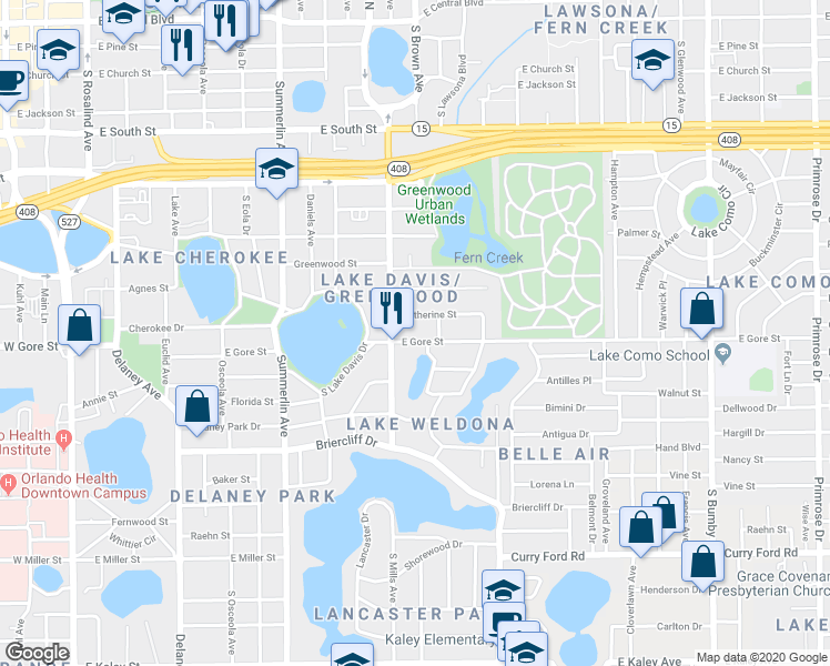map of restaurants, bars, coffee shops, grocery stores, and more near 1221 East Gore Street in Orlando