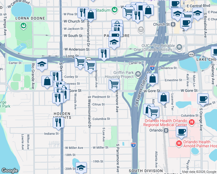 map of restaurants, bars, coffee shops, grocery stores, and more near 840 McFall Avenue in Orlando