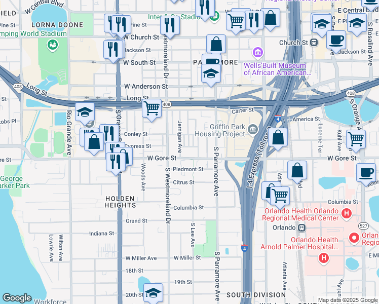 map of restaurants, bars, coffee shops, grocery stores, and more near 854 Carver Park Street in Orlando