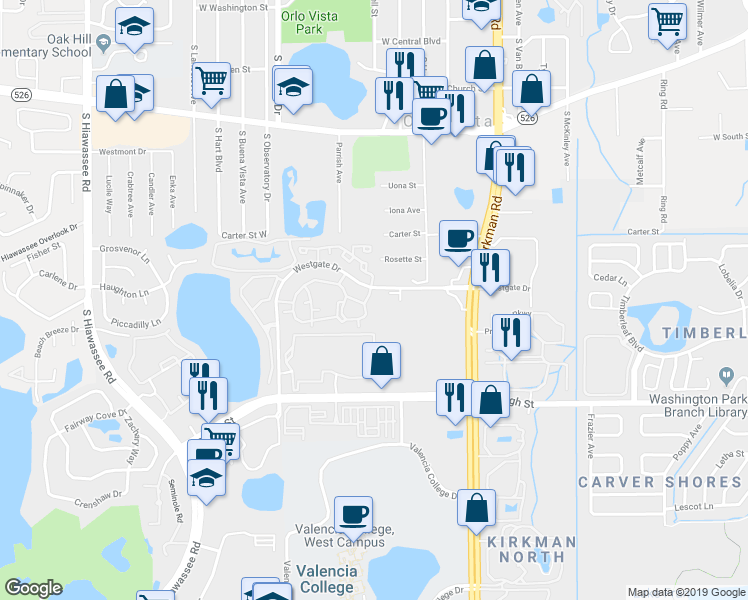 map of restaurants, bars, coffee shops, grocery stores, and more near 5956 Westgate Drive in Orlando