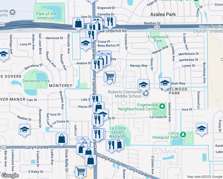 map of restaurants, bars, coffee shops, grocery stores, and more near 5819 Talavera Street in Orlando