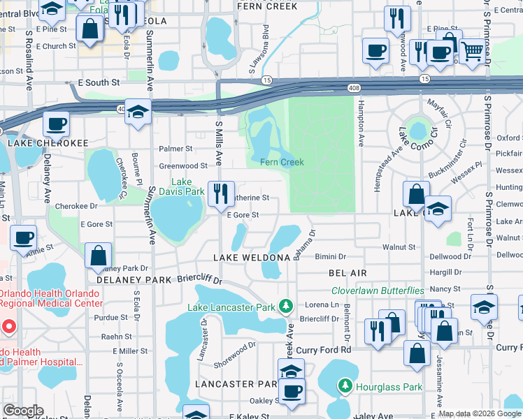map of restaurants, bars, coffee shops, grocery stores, and more near 1419 East Gore Street in Orlando