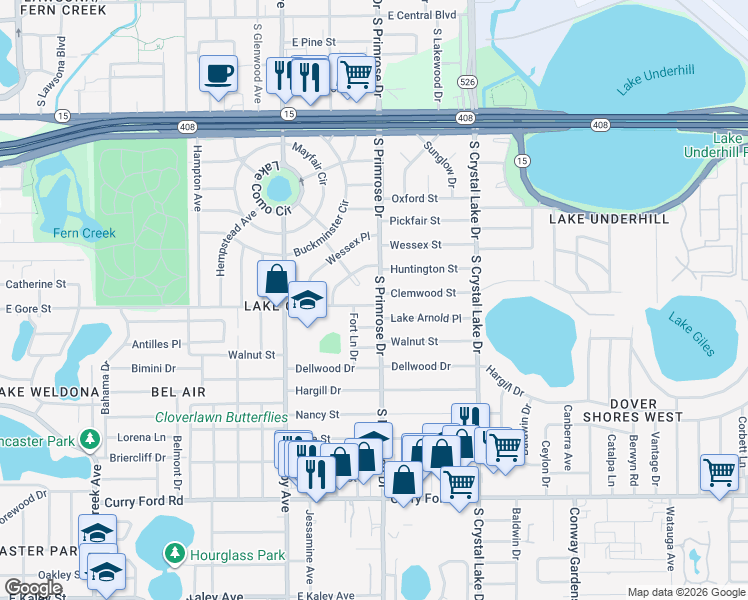 map of restaurants, bars, coffee shops, grocery stores, and more near 2721 East Gore Street in Orlando