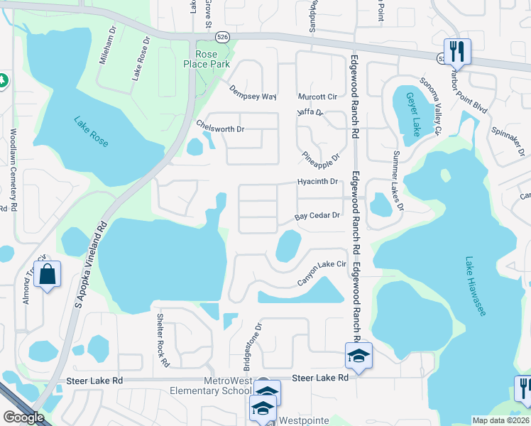 map of restaurants, bars, coffee shops, grocery stores, and more near 7915 Barrowood Street in Orlando