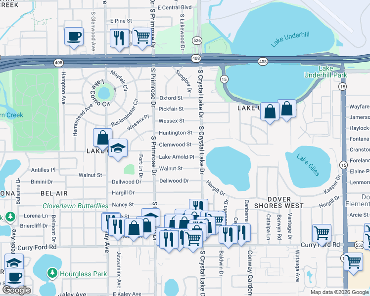 map of restaurants, bars, coffee shops, grocery stores, and more near 3012 Clemwood Street in Orlando