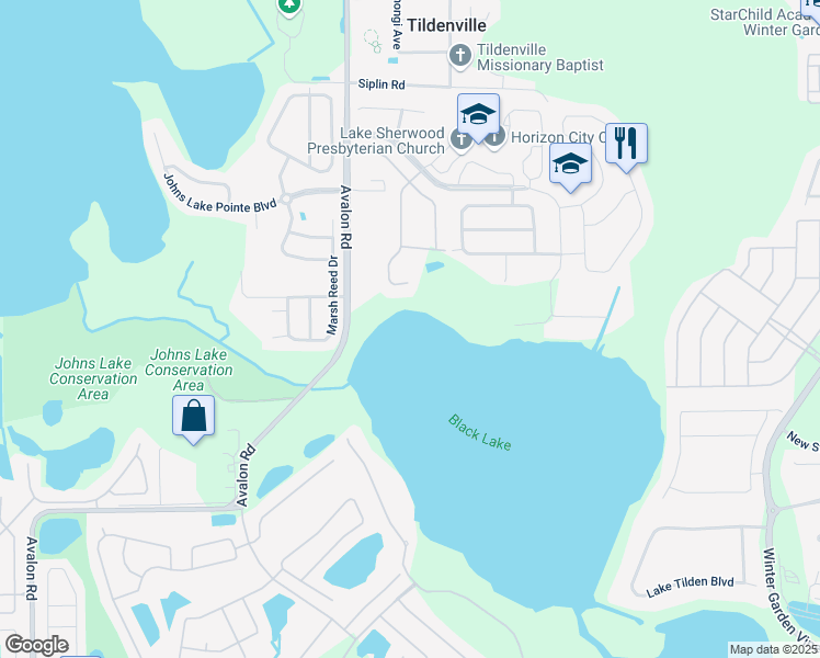 map of restaurants, bars, coffee shops, grocery stores, and more near 807 Avalon Road in Winter Garden