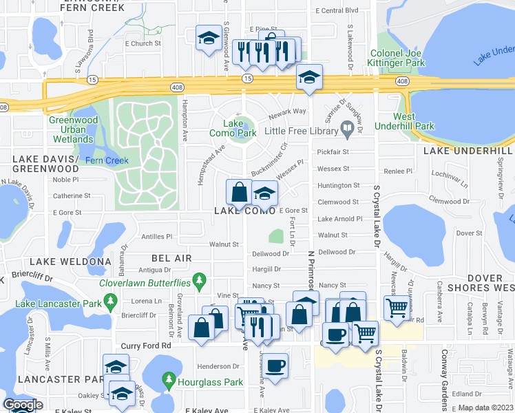 map of restaurants, bars, coffee shops, grocery stores, and more near 2417 East Gore Street in Orlando