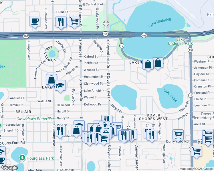 map of restaurants, bars, coffee shops, grocery stores, and more near 901 South Crystal Lake Drive in Orlando