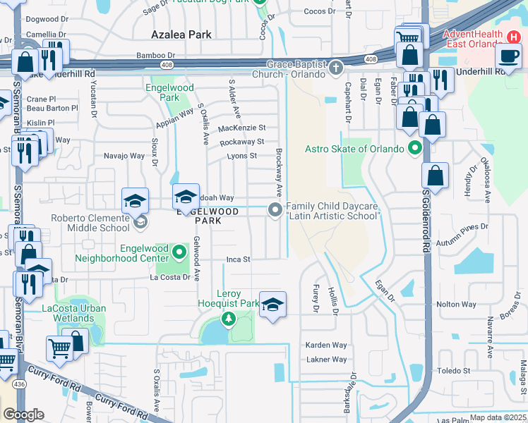 map of restaurants, bars, coffee shops, grocery stores, and more near 6431 Kearce Street in Orlando