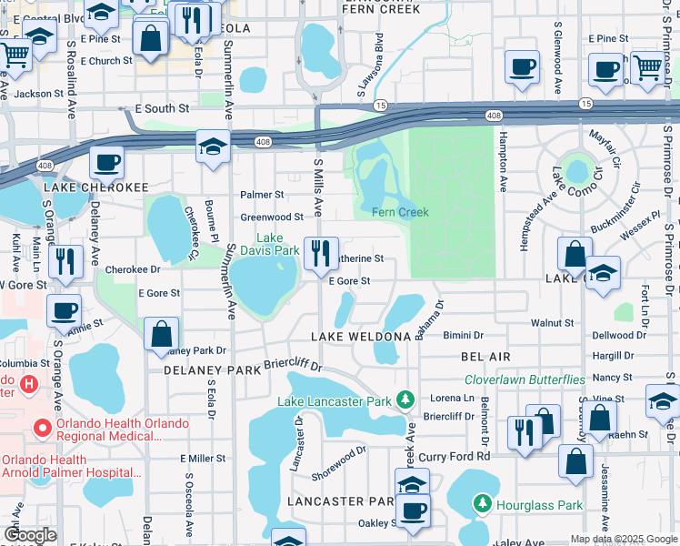 map of restaurants, bars, coffee shops, grocery stores, and more near 1221 East Gore Street in Orlando