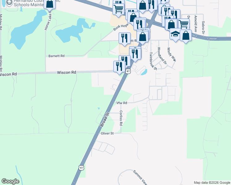 map of restaurants, bars, coffee shops, grocery stores, and more near 286 Broad Street in Brooksville
