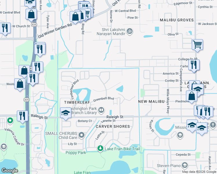 map of restaurants, bars, coffee shops, grocery stores, and more near 5037 Vista Lago Drive in Orlando