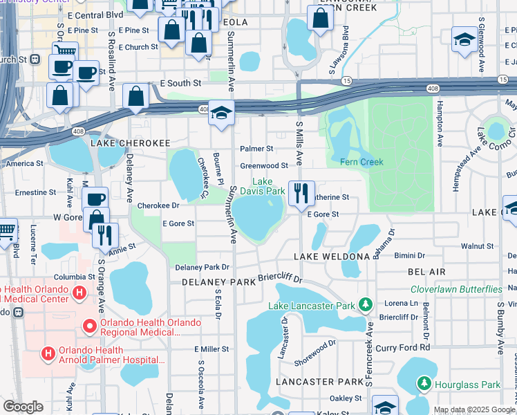 map of restaurants, bars, coffee shops, grocery stores, and more near 723 South Lake Davis Drive in Orlando
