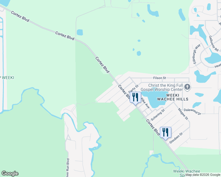 map of restaurants, bars, coffee shops, grocery stores, and more near 7195 Cyclops Drive in Spring Hill