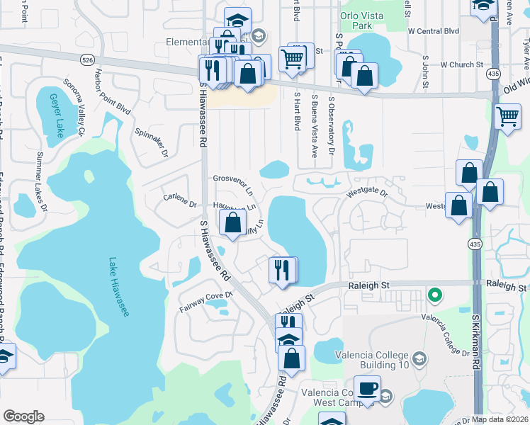 map of restaurants, bars, coffee shops, grocery stores, and more near 6428 Piccadilly Lane in Orlando