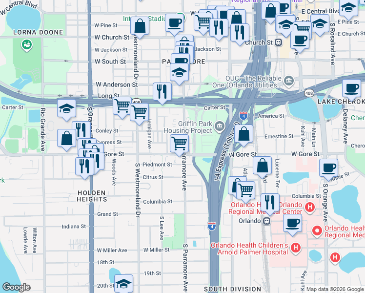 map of restaurants, bars, coffee shops, grocery stores, and more near 841 South Parramore Avenue in Orlando