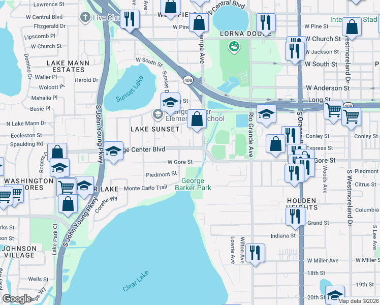 map of restaurants, bars, coffee shops, grocery stores, and more near 2025 West Gore Street in Orlando