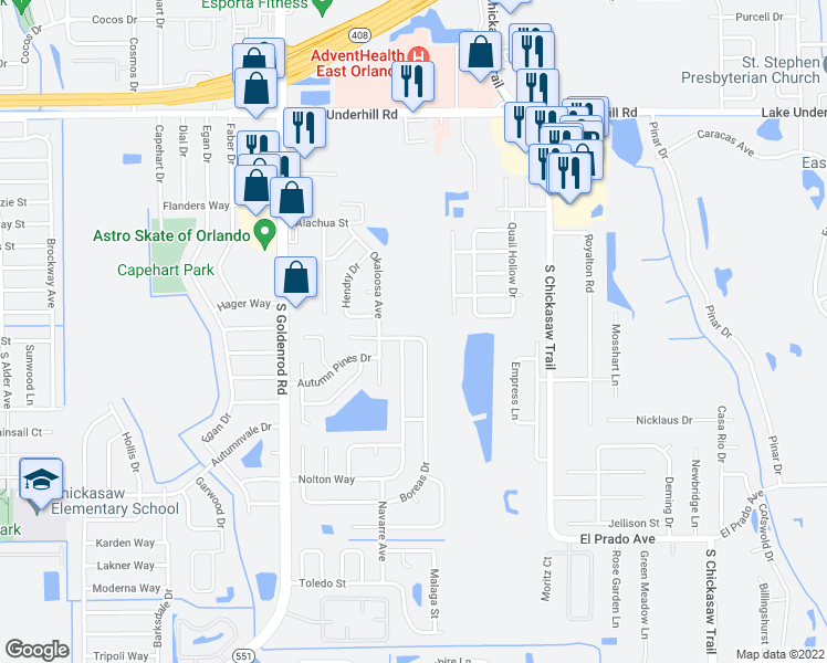 map of restaurants, bars, coffee shops, grocery stores, and more near 7747 Danu Drive in Orlando