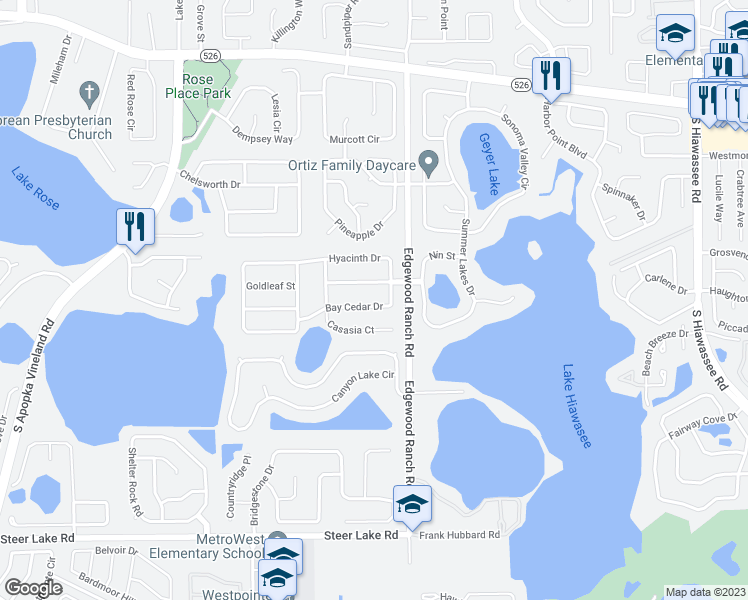 map of restaurants, bars, coffee shops, grocery stores, and more near 7761 Bay Cedar Drive in Orlando