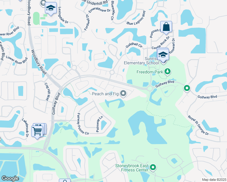 map of restaurants, bars, coffee shops, grocery stores, and more near 135 Oakland Hills Court in Orlando