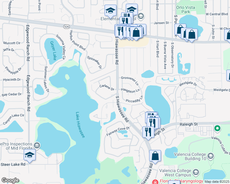 map of restaurants, bars, coffee shops, grocery stores, and more near 6620 Piccadilly Lane in Orlando