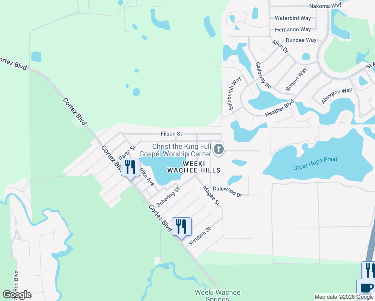 map of restaurants, bars, coffee shops, grocery stores, and more near 8226 Darts Street in Brooksville